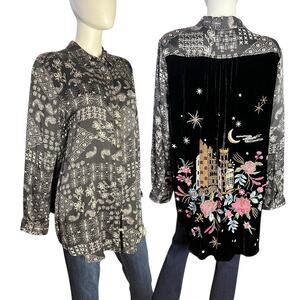 Johnny Was Black Cordelia Silk Velvet Embroidered Tunic Blouse Top Large
